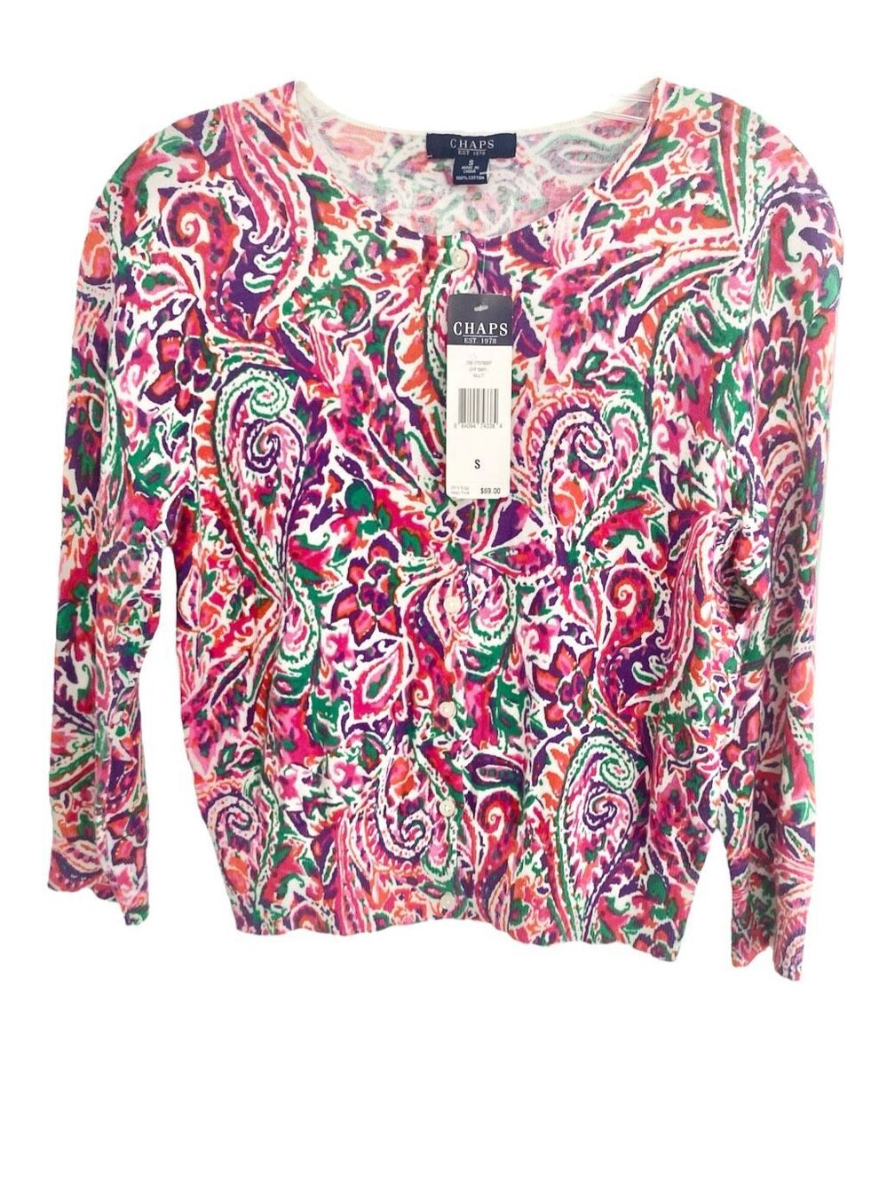 CHAPS Floral Paisley Multicolor Crop Knit Cardigan